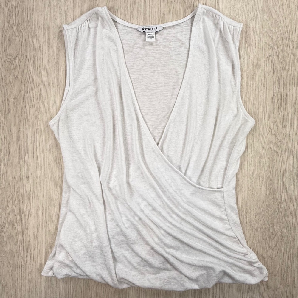 Sleeveless Top Athleta Womens Medium White Surplice Draped V-Neck Slub Knit